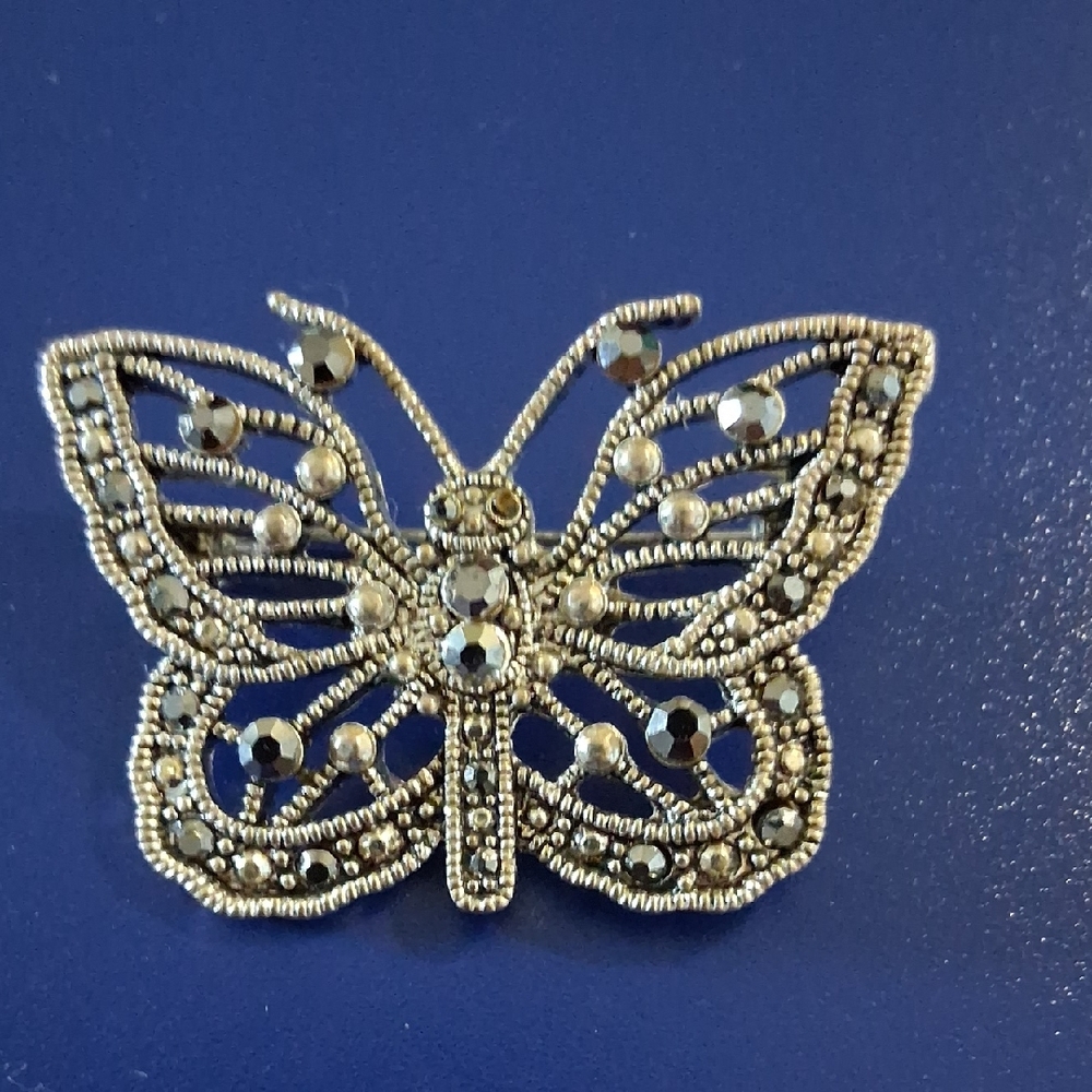 Vintage Silver and Black Butterfly Brooch